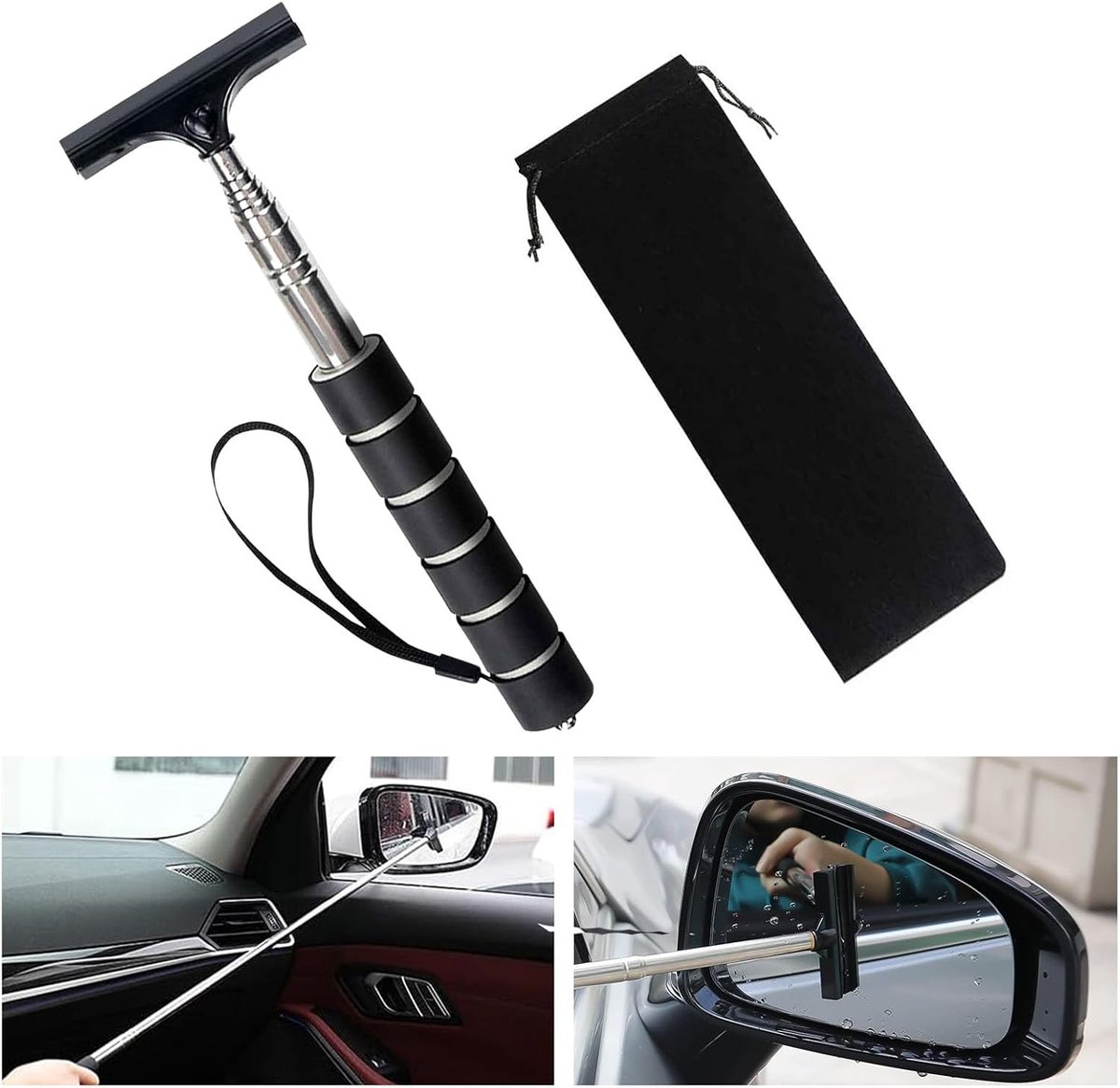 SnelShoppen - Mini Auto Ruitenwisser met Opbergtas, Telescopische Achteruitkijkspiegel Wisser, Draagbare Auto Accessoires voor Vochtige en Regenachtig
