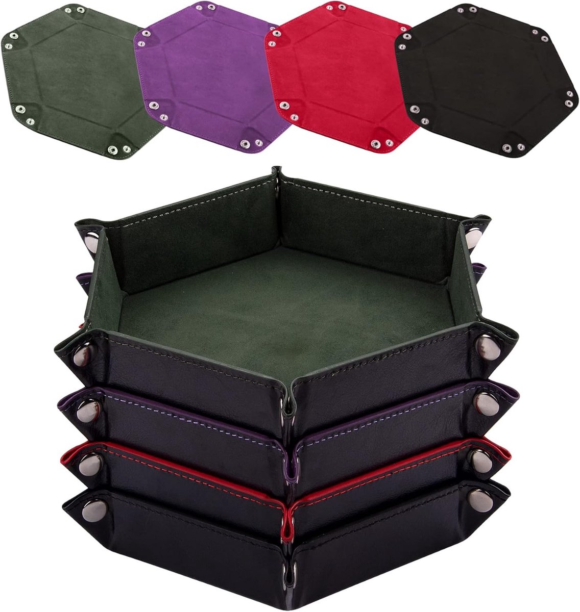 SnelShoppen - 4 Stuks Dice Tray Hexagonaal Dice Rollade Vouwbaar PU Leer Velvet Dice Tray voor RPG DND en Bordspellen (Donkergroen, Violet, Rood, Zwar