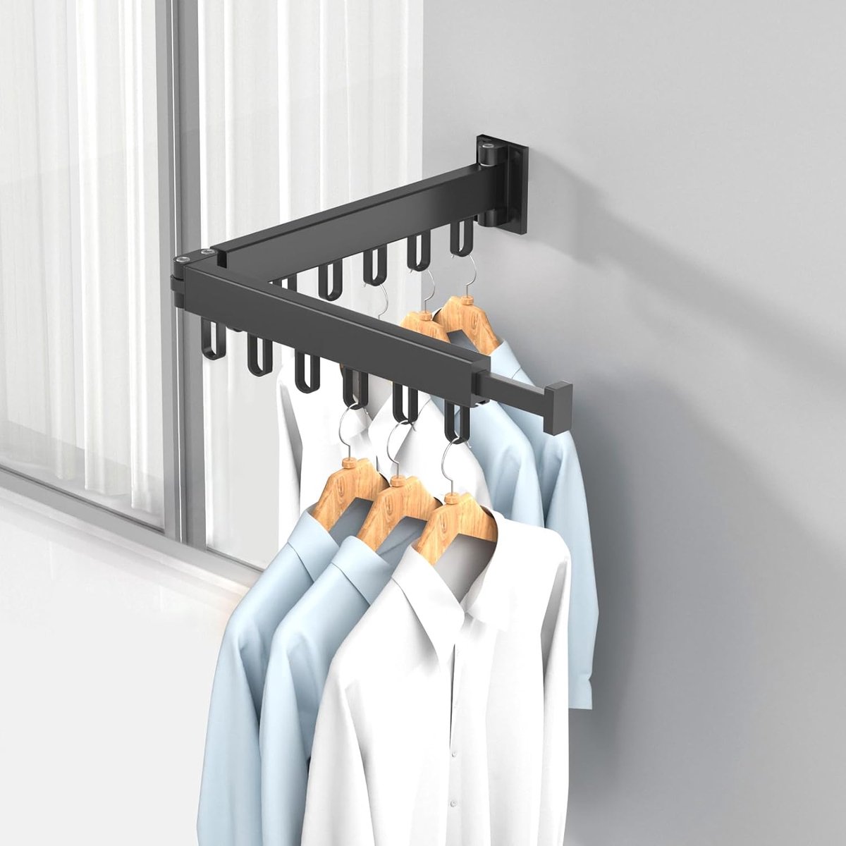 SnelShoppen - Vouwbare Wanddroger met Haakjes - Sterke Kledingdroger voor Binnen en Buiten - Ruimtebesparend - Zwart - 2-voudig - Perfect voor Balkon,