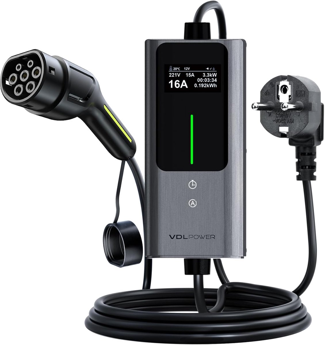 SnelShoppen - Electric Car Charging Cable 5 m Type 2 met Schuko Wandlader | 3.6 kW 6-16 A | Digitale LCD Controle | Oplader voor Elektrische Auto's