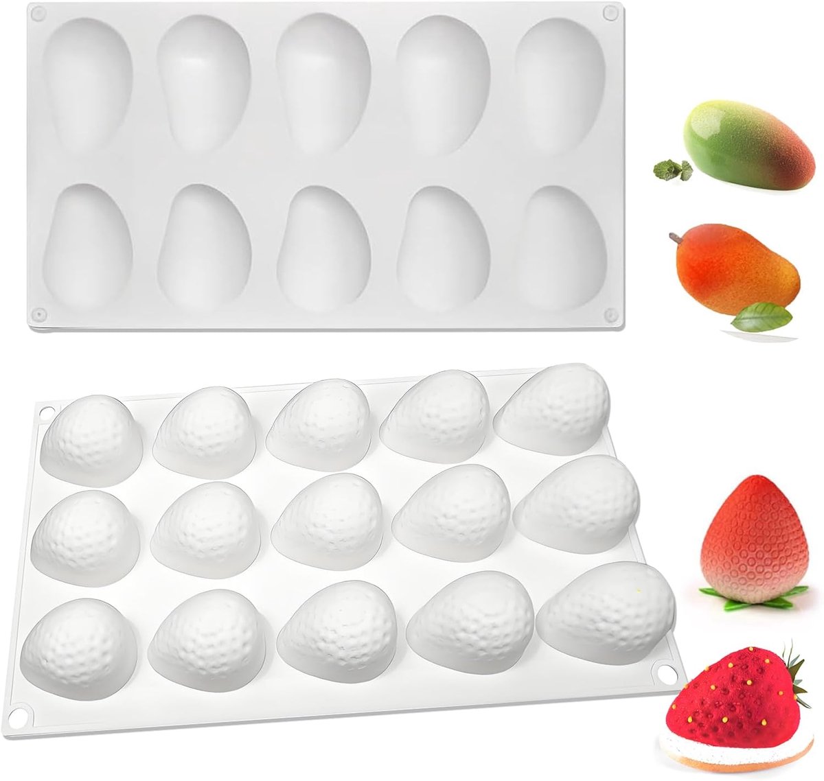 SnelShoppen - 10 Holes Mango Silicone Mold en 15 Holes Strawberry Silicone Mould - 3D Silicone Mallen voor Bakken - Herbruikbaar en Duurzaam - Ideaal