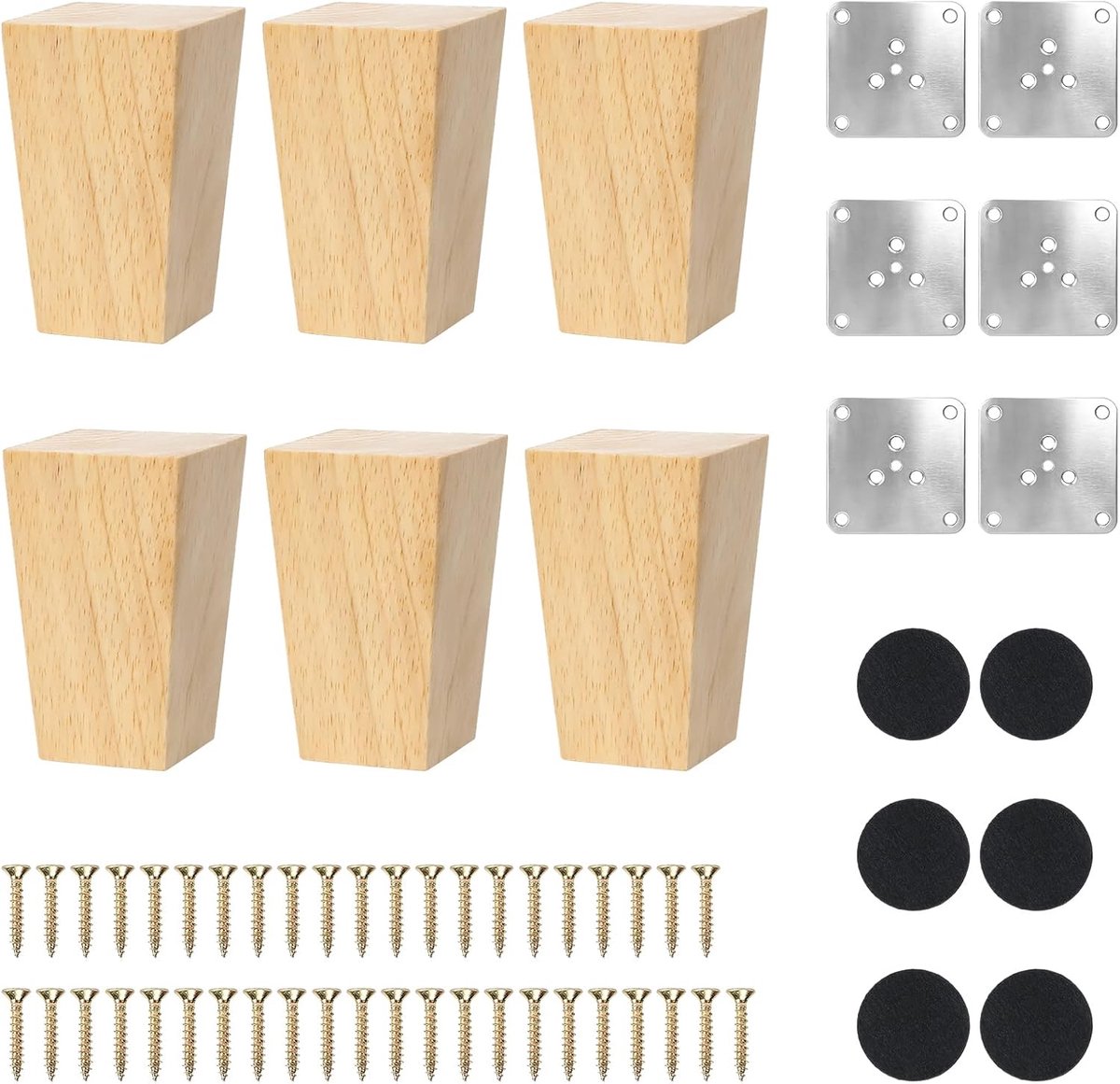 SnelShoppen - 6 stuks 8 cm houten tafelpoten, vierkante meubelpoten van massief rubberhout, houtkleur, ideaal voor bed, stoel, tafel, bank, inclusief