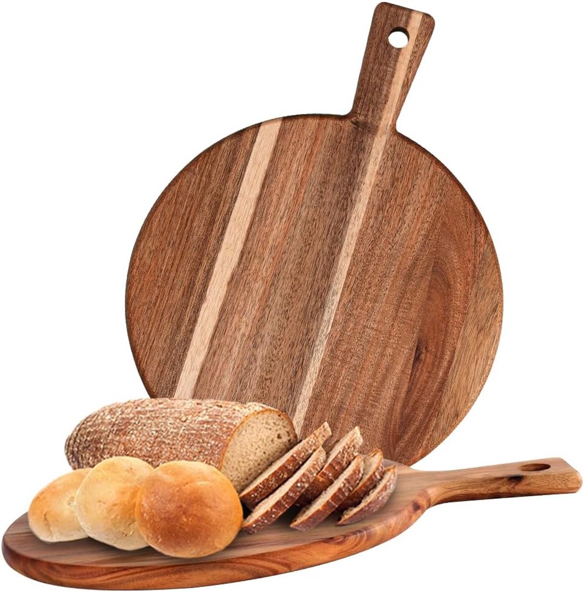 SnelShoppen - Pizza Plates Set van 2, Houten Pizza Platen 30 cm, Ronde Acacia Hout, Snijplank met Handvat, Perfect voor Pizza, Focaccia en Brood
