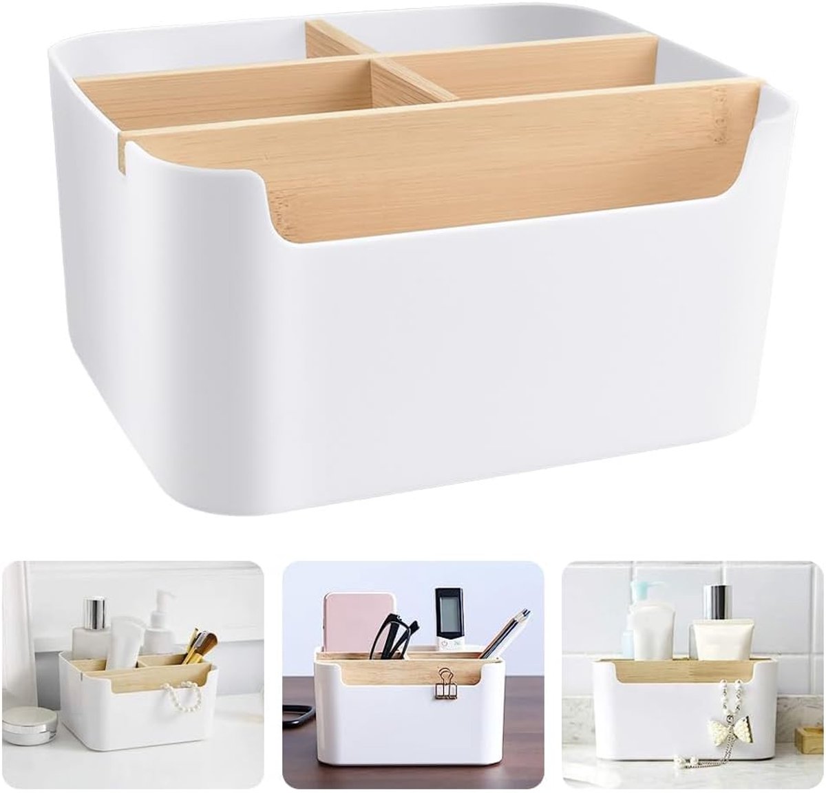 SnelShoppen - Desk Organiser Wit - Multifunctionele Houten Opbergdoos met 5 Compartimenten - Deskaccessoires voor Thuis, Kantoor en Studie