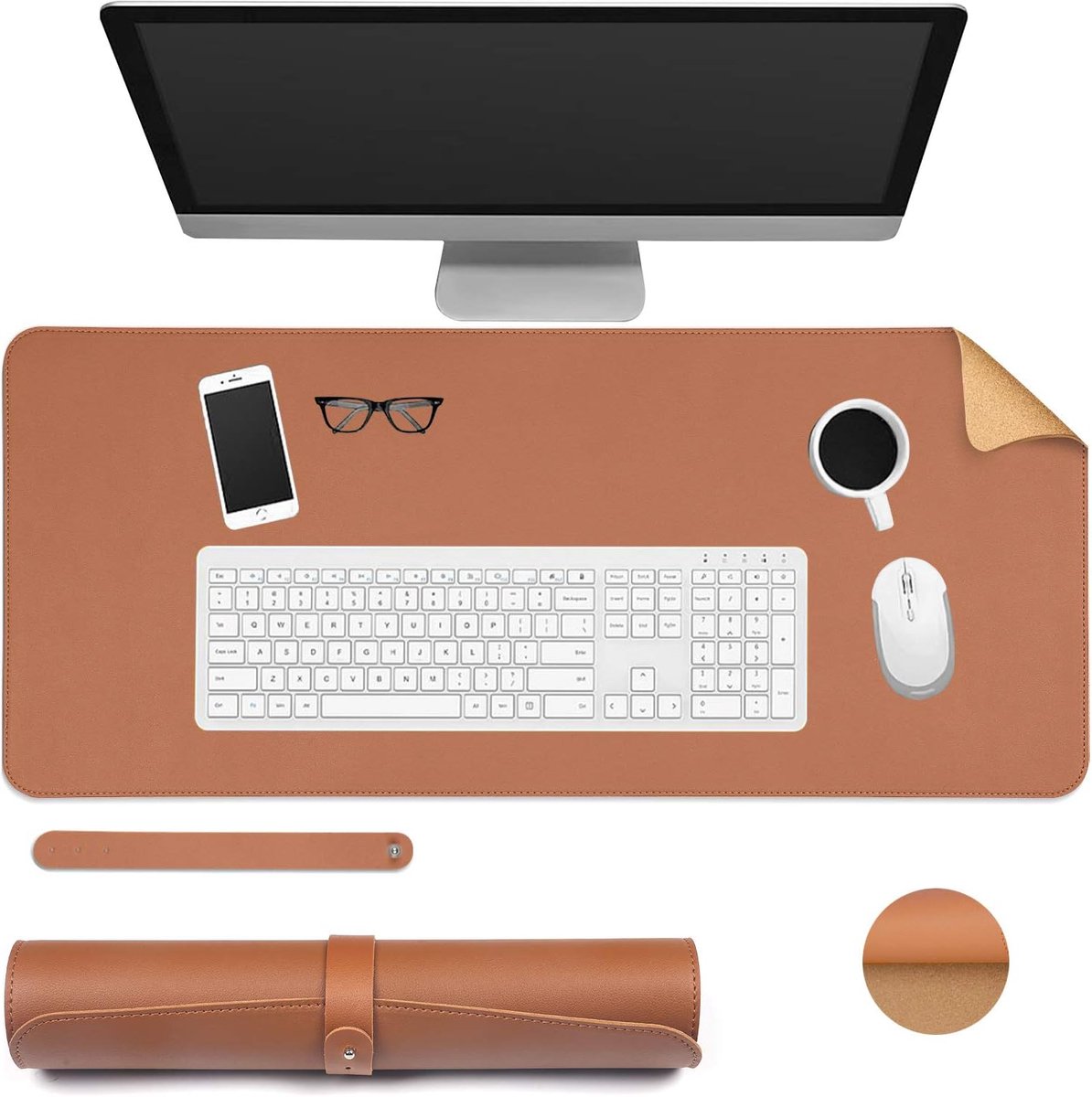 SnelShoppen - Desk Pad Kork Leer Dubbelzijdig Bureau Mat, Groot Antislip Waterdicht Toetsenbord Muismat Bureau Schrijfpad voor Kantoor Thuis (Bruin +
