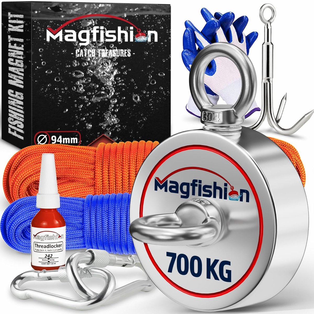 SnelShoppen - Double-sided Magnetic Fishing Set 700 kg - Neodymium Magnet Ø94mm - 2 Ropes + Carabiner - Treble Hook - Gloves - Magnet Fishing Starter