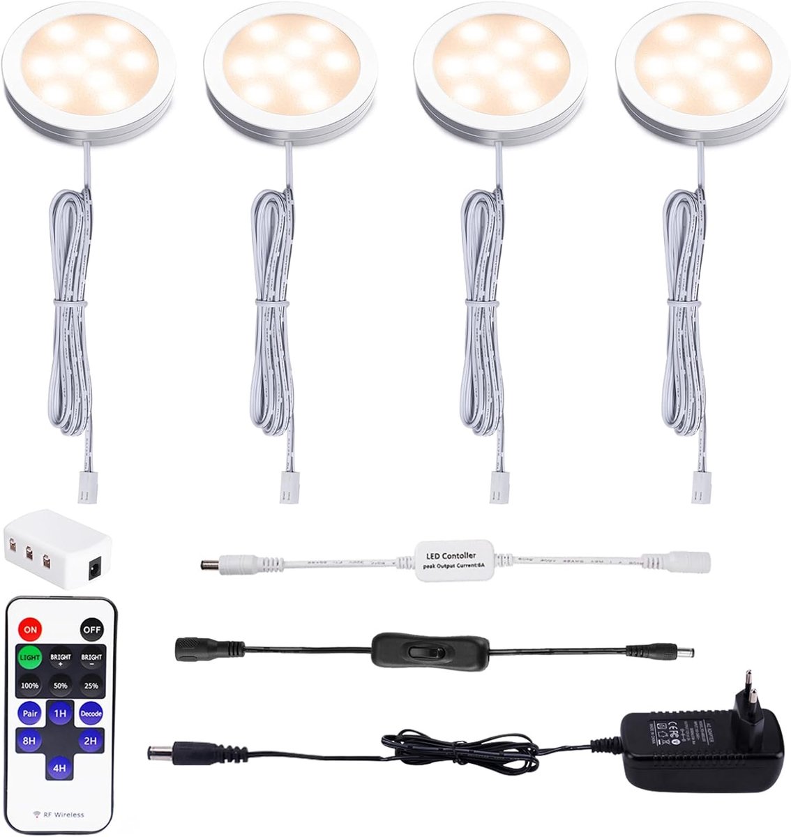 SnelShoppen - LED Keukenverlichting Set van 4, Dimbare Onderkast Lichten met Afstandsbediening, Warm Witte 2700K LED, Energiezuinig & Ideaal voor Disp