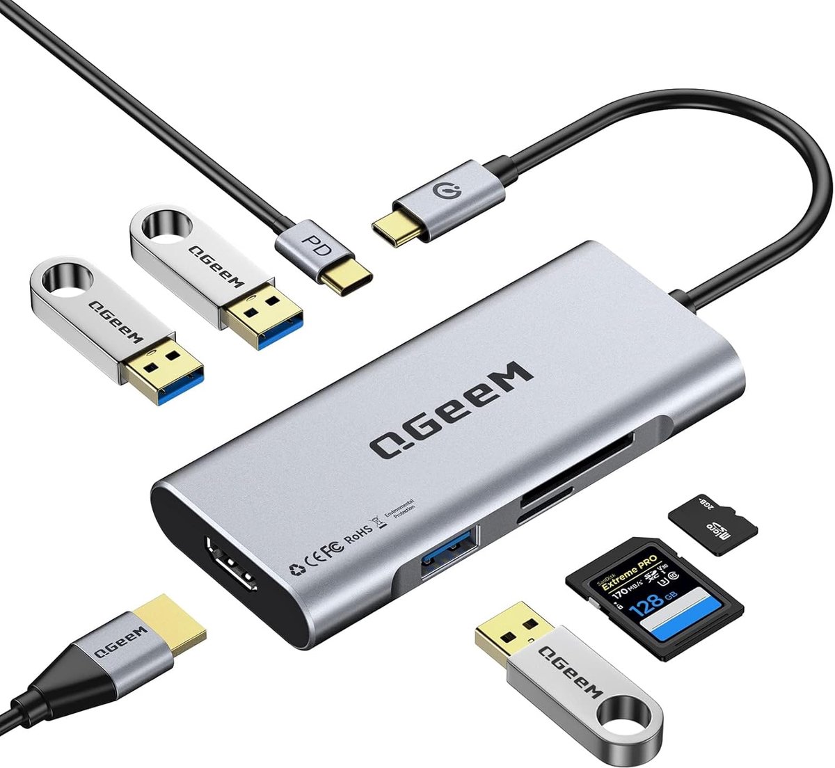 SnelShoppen - USB C Hub 7-in-1 Adapter met 4K HDMI, 100W Power Delivery, 3 USB 3.0 Poorten, SD/TF Kaartlezer voor MacBook, iPhone 15 Promax en Meer Ty