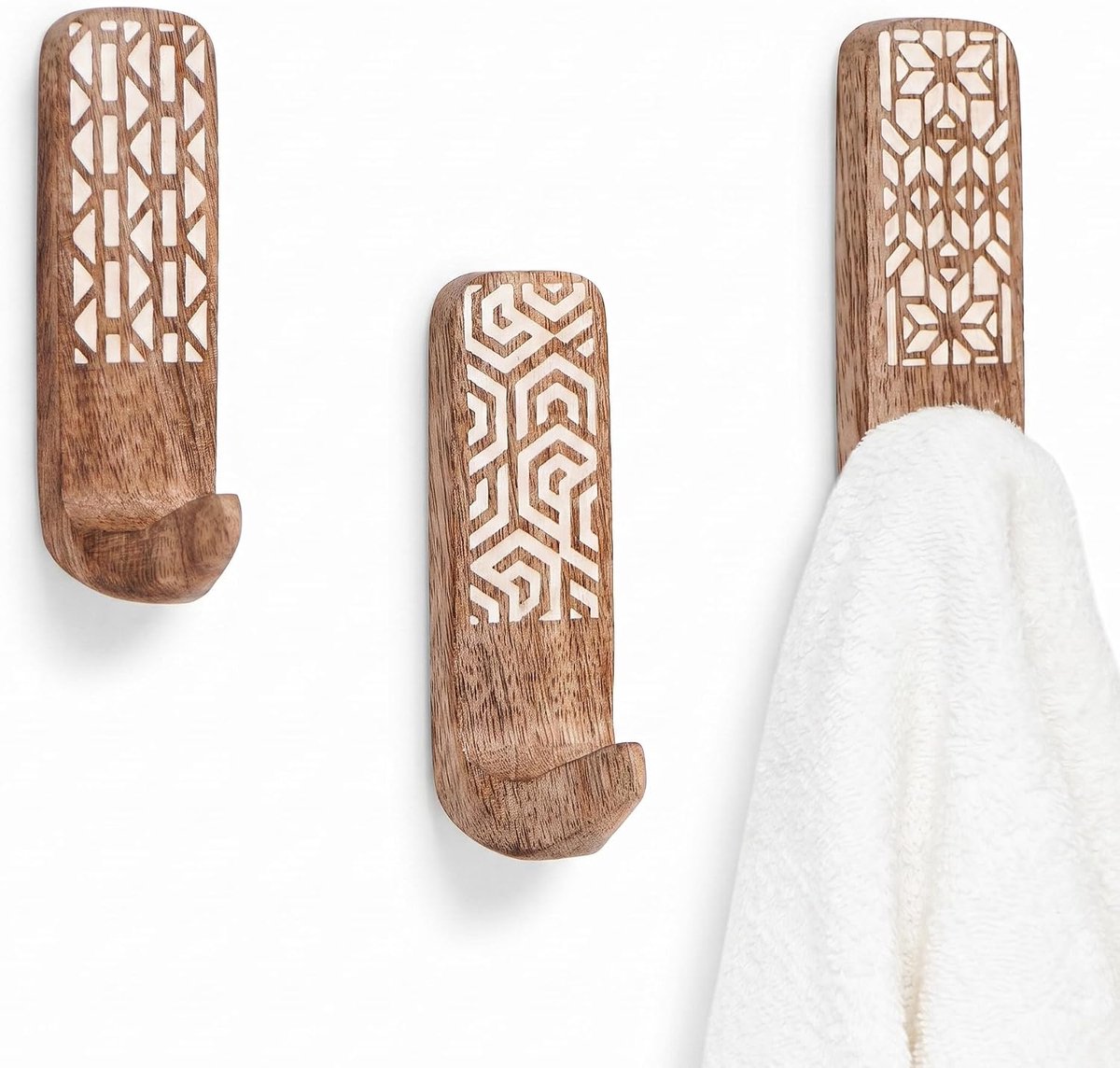KZQ Houten geometrische wandhaak voor jassen en sleutels - 3 haken tot 5 kg - Zelfklevend en boorvrij - Ruimtebesparende organizer voor hal badkamer slaapkamer en kantoor - Natuurlijk hout