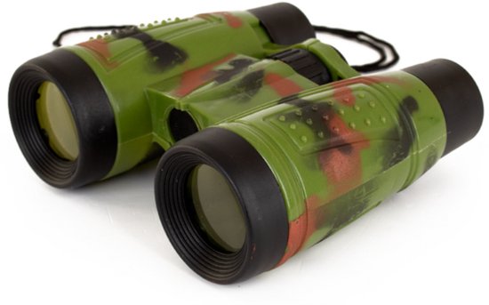 Jumelles vertes avec un motif camouflage rouge et noir, avec un cordon noir, sur fond blanc.