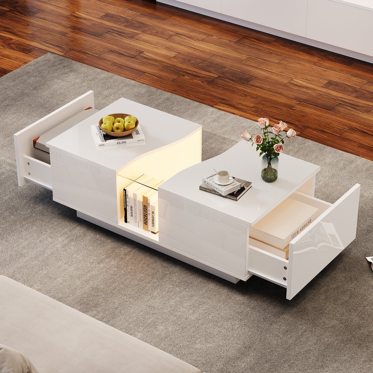 COVREO Salontafel 100 x 50 x 35 cm – wit hoogglans, MDF en acryl, 2 lades met LED-verlichting