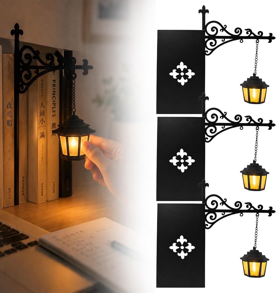 Boekensteun metaal - 3 stuks - Bibliotheeklantaarn - Boekensteun met Lamp - Leesnachtlampje - Decoratieve Boekenplankverlichting - Antieke boekenhoeklamp - Warme Tint - Uniek cadeau voor boekenliefhebbers - voor klas of als een bibliotheekthema