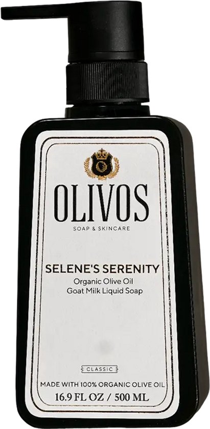 Zwarte fles met pompdispenser, Olivos Selene's Serenity vloeibare zeep met geitenmelk, 500 ml.