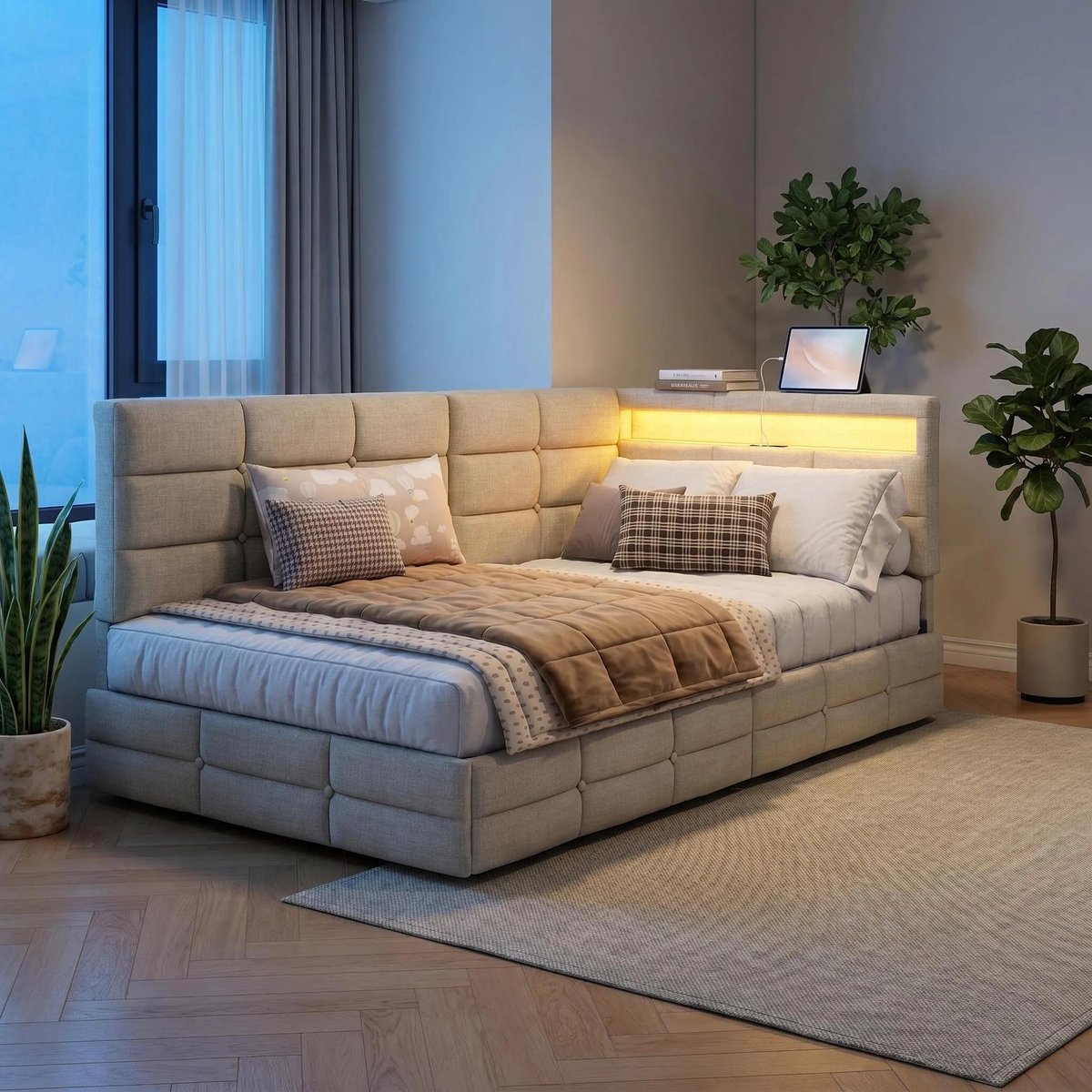 MEXUS Gestoffeerd bed 90x200 cm met LED en USB, eenpersoonsbed met opbergruimte en lattenbodem,2 laden,slaapbank met rugleuning voor jongerenbed, linnen Beige, zonder matras