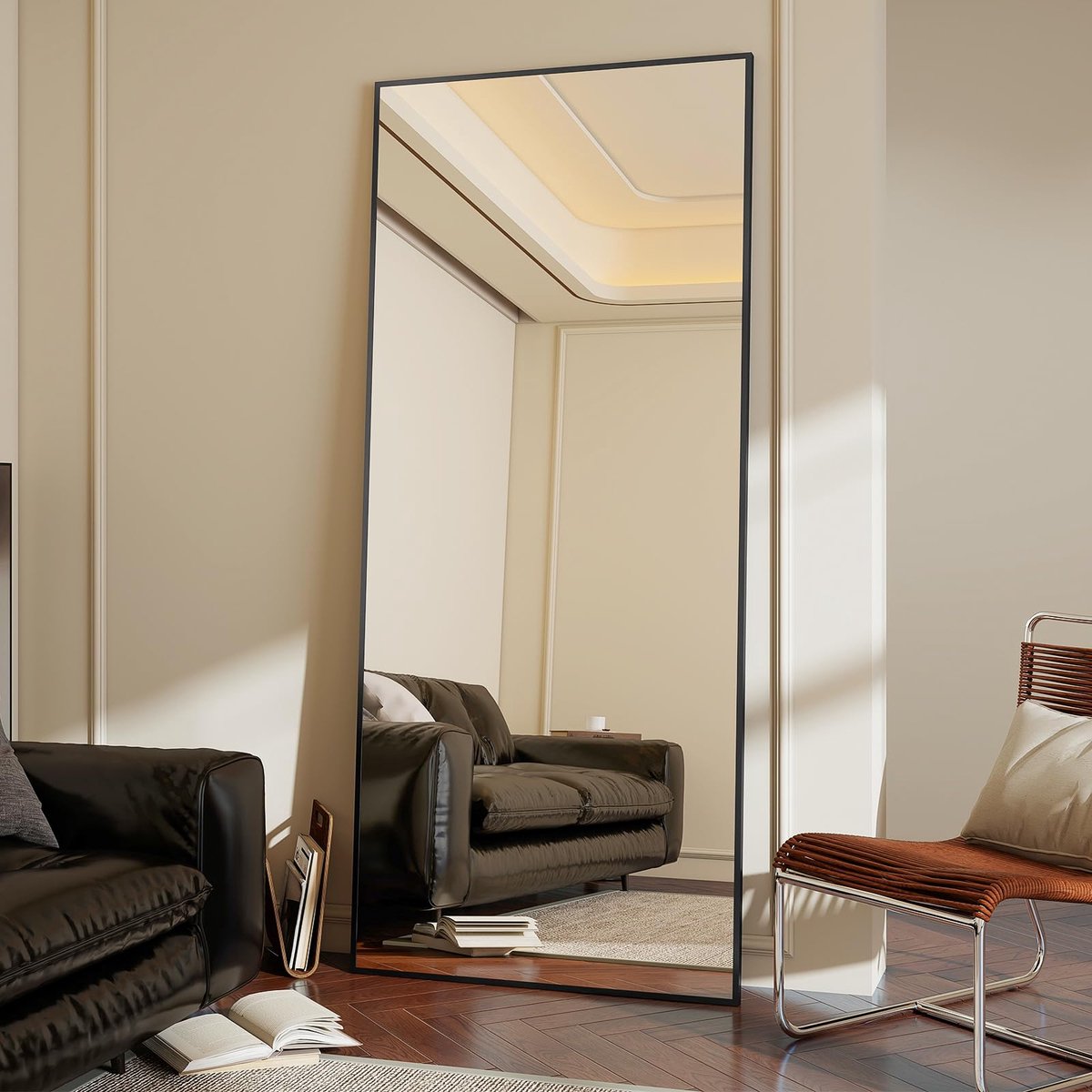 SnelShoppen - Grote Staande Spiegel 53 x 163 cm, Minimalistische Zwarte Lijst, Robuust en Modern, Horizontaal of Verticaal Hangend voor Slaapkamer, Wa