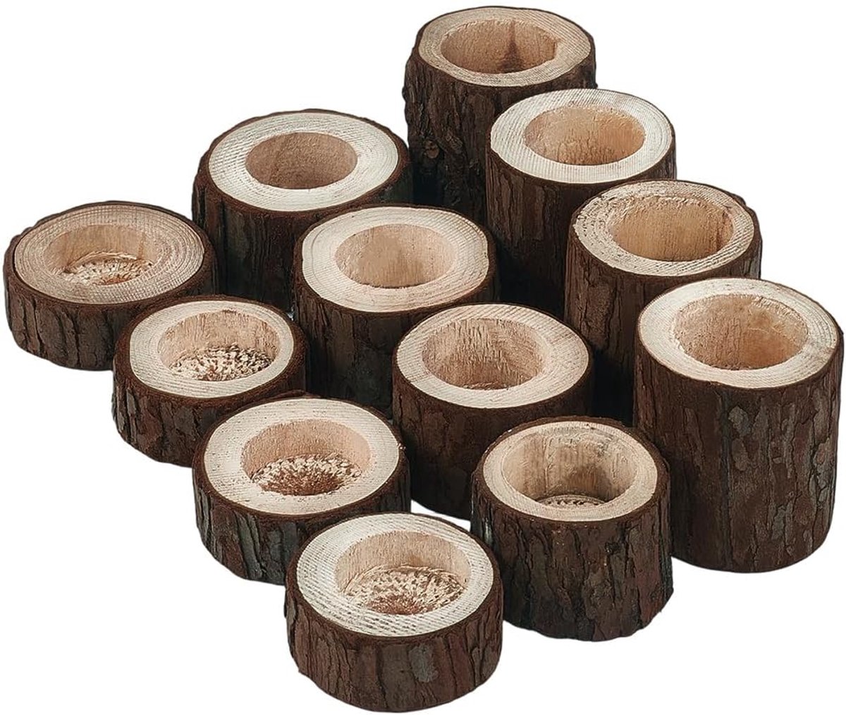 SnelShoppen - Set van 12 Houten Kaarsenhouders voor Theelichtjes - Rustieke Votief Kandelaars van Hout - Natuurlijke Tafeldecoratie voor Bruiloft, Fee
