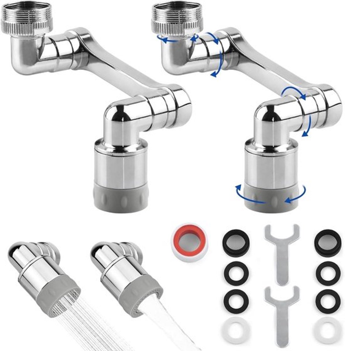 Wastafel en keukenkraan adapter - 2 stuks - 1440 graden draaibaar - beluchter met sproeifilter - anti-spatwater - robotarm.