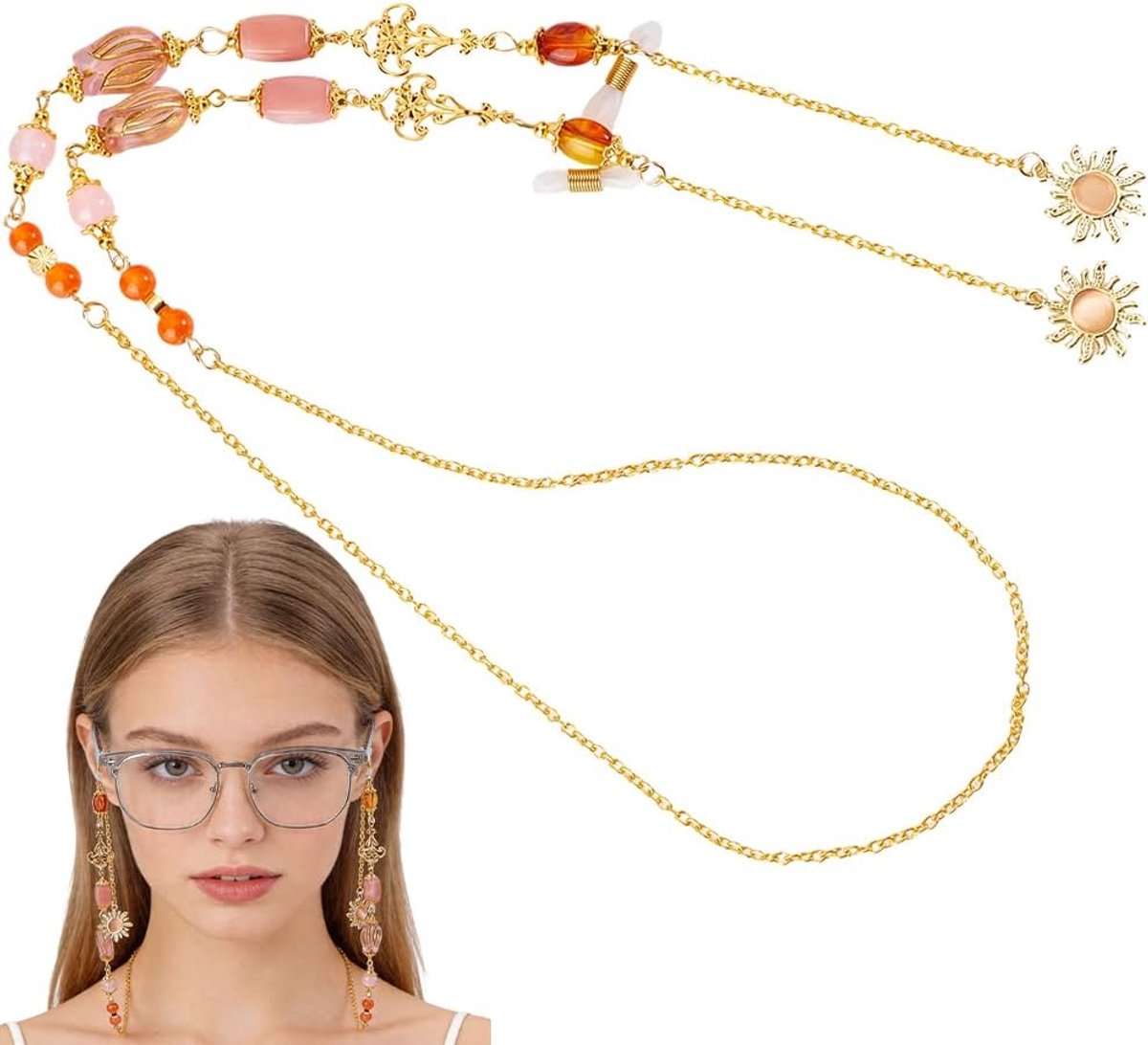 SnelShoppen - 1 Doos Gouden Lenzenvloeistof Kettingen voor Vrouwen - Heks Kristal Kralen Bril Houders - Rond Neck Cord Brillen Strap - Spectacle Lanya