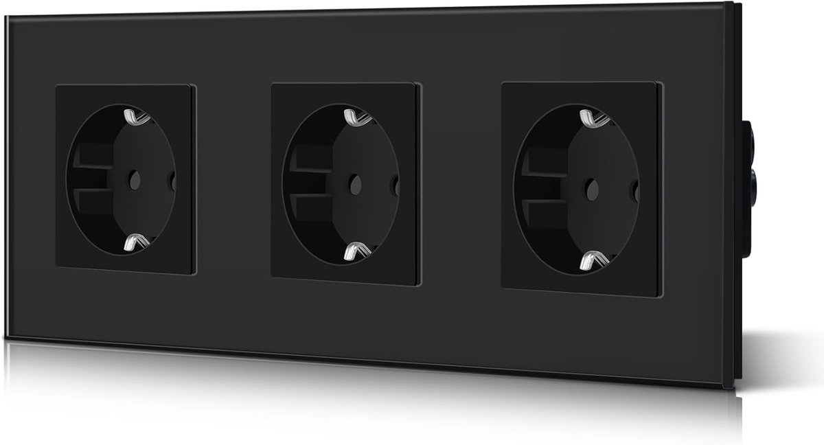 SnelShoppen - Ultra Dunne Tempered Glass 16 Amp Stopcontact - Driepunts Stekkerdoos 240V EU Standaard - Zwart 228 x 86 mm - Ideaal voor Thuis, Kantoor