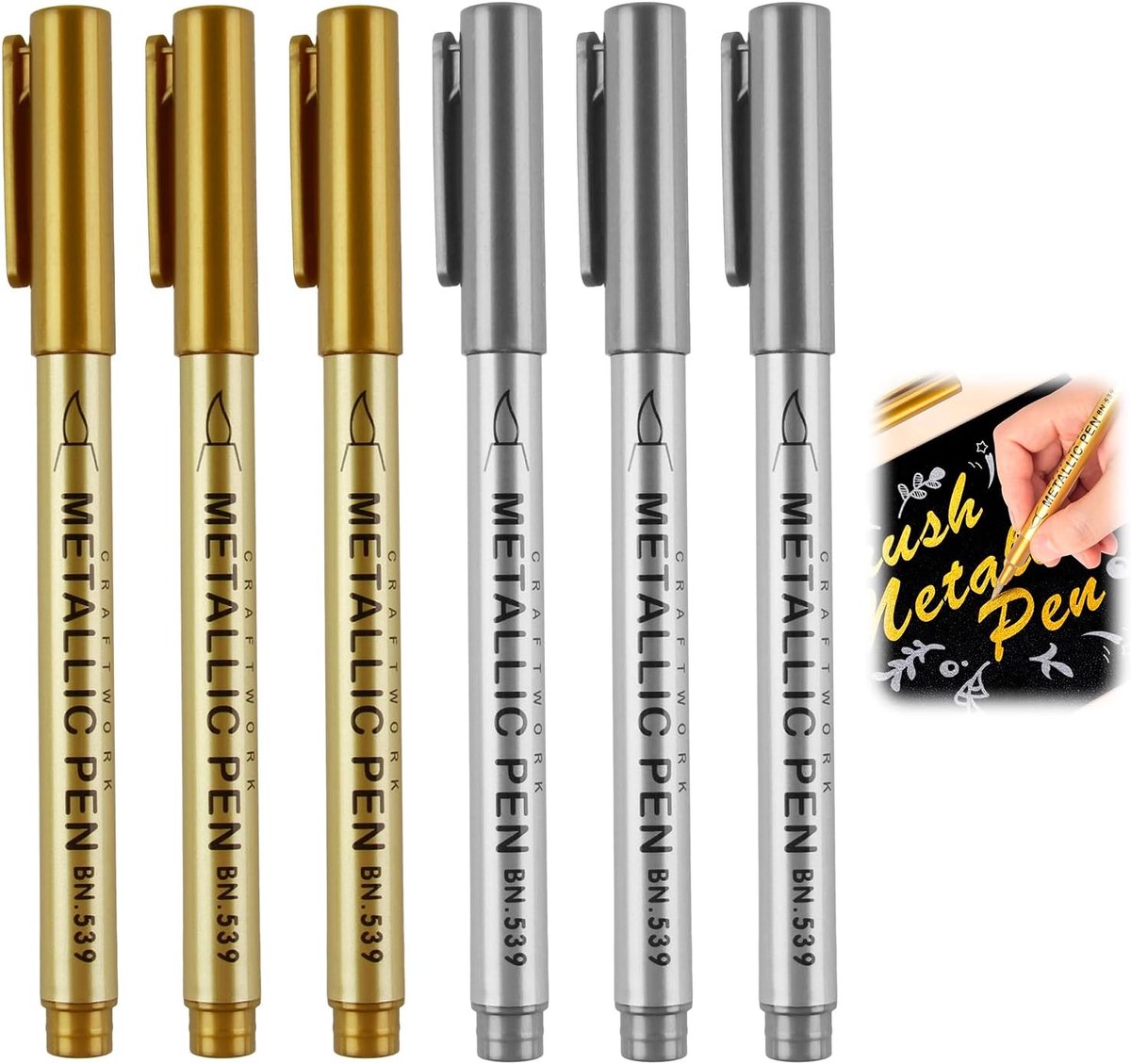 SnelShoppen - 6 Stuks Olie-gebaseerde Metaalmarkers - Zachte Punt - 1.5 mm Lijnbreedte - Permanente Gouden en Zilveren Creatieve Pennen voor Papier, K