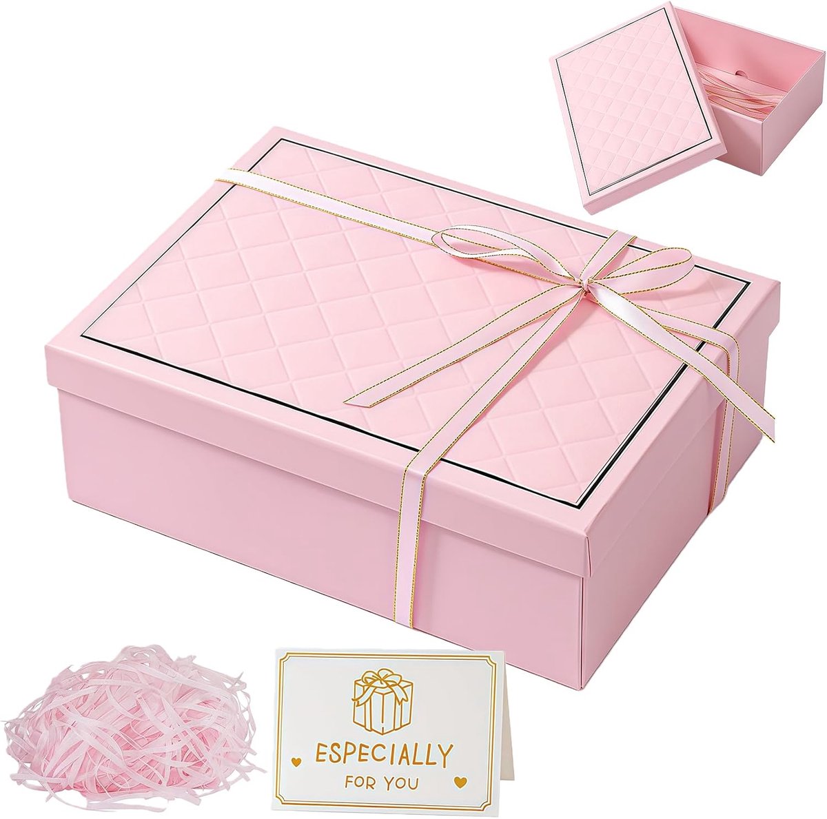 SnelShoppen - Geschenkdoos met Deksel, Vouwgeschenkbox met Strikken, Wenskaarten, Roze, Voor Verjaardagen, Valentijnsdag, Kerstmis, Bruiloft, Feesteli