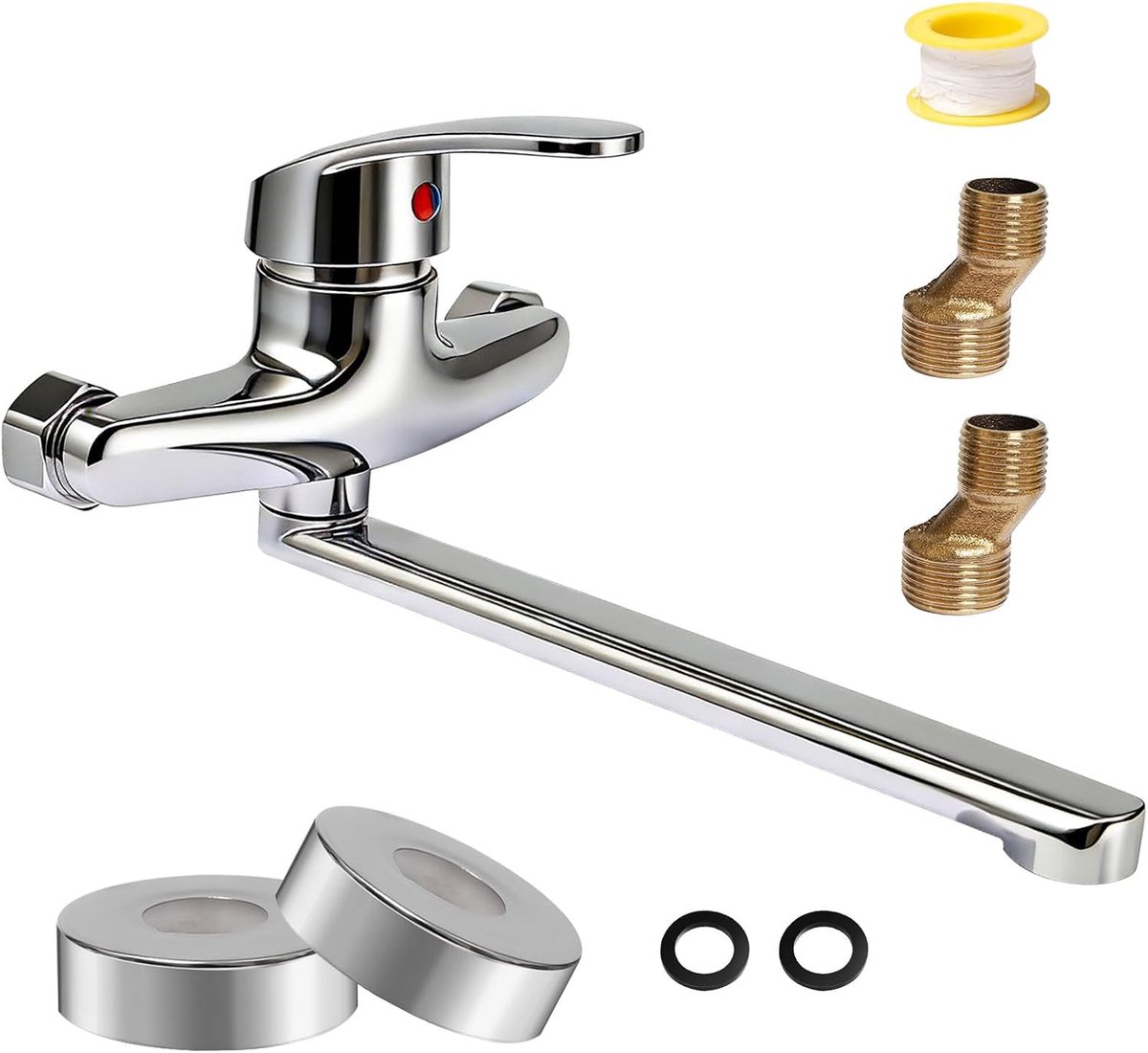 SnelShoppen - 360° Rotatable Wall Tap Mixer Kraan voor Keuken en Badkamer, Wandmontage, Dubbele Wastafel, Robuust Zinklegering, 24 cm Lang