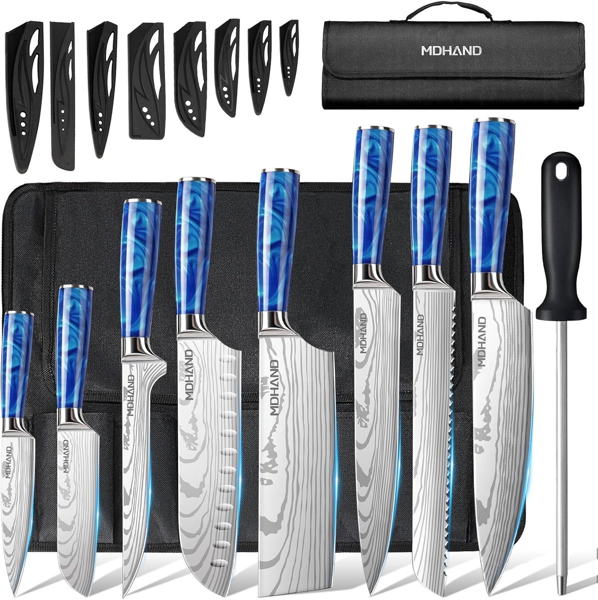 SnelShoppen - Professionele Keukenmes Set 8-delig met Rolltas - Hoog Koolstof RVS, Ultra Scherpe Koksmes Set voor Koken, BBQ en Catering
