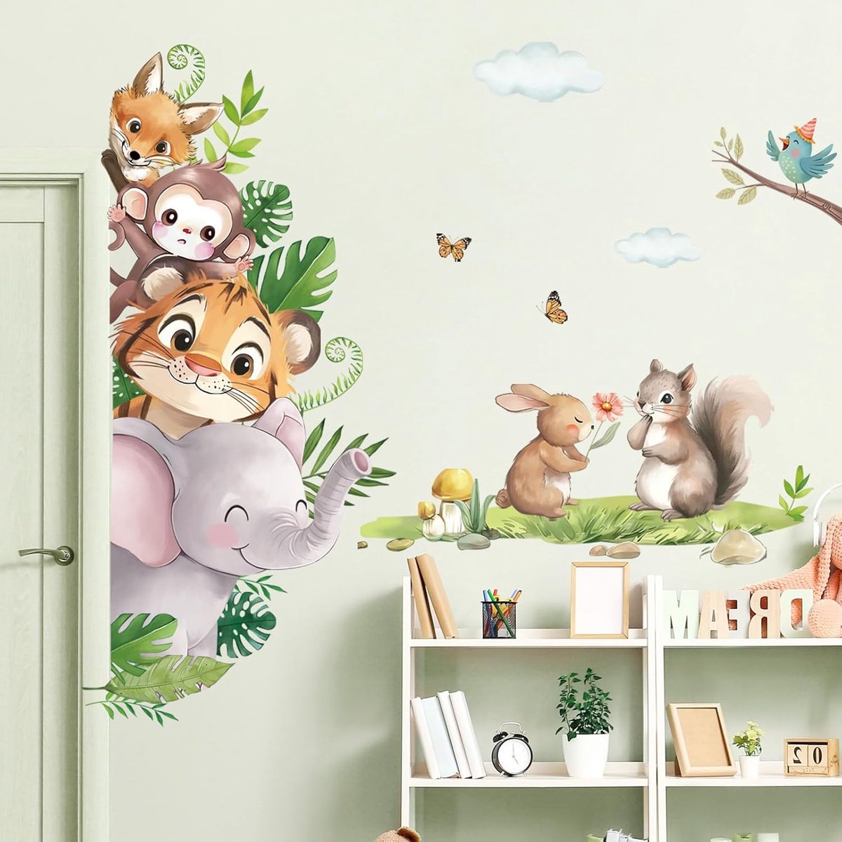 SnelShoppen - Watercolor Jungle Dieren Muurstickers, Schattige Olifant, Aap, Vos, Tijger Wandstickers voor Baby- en Kinderkamer, Speelkamer, Deur Deco