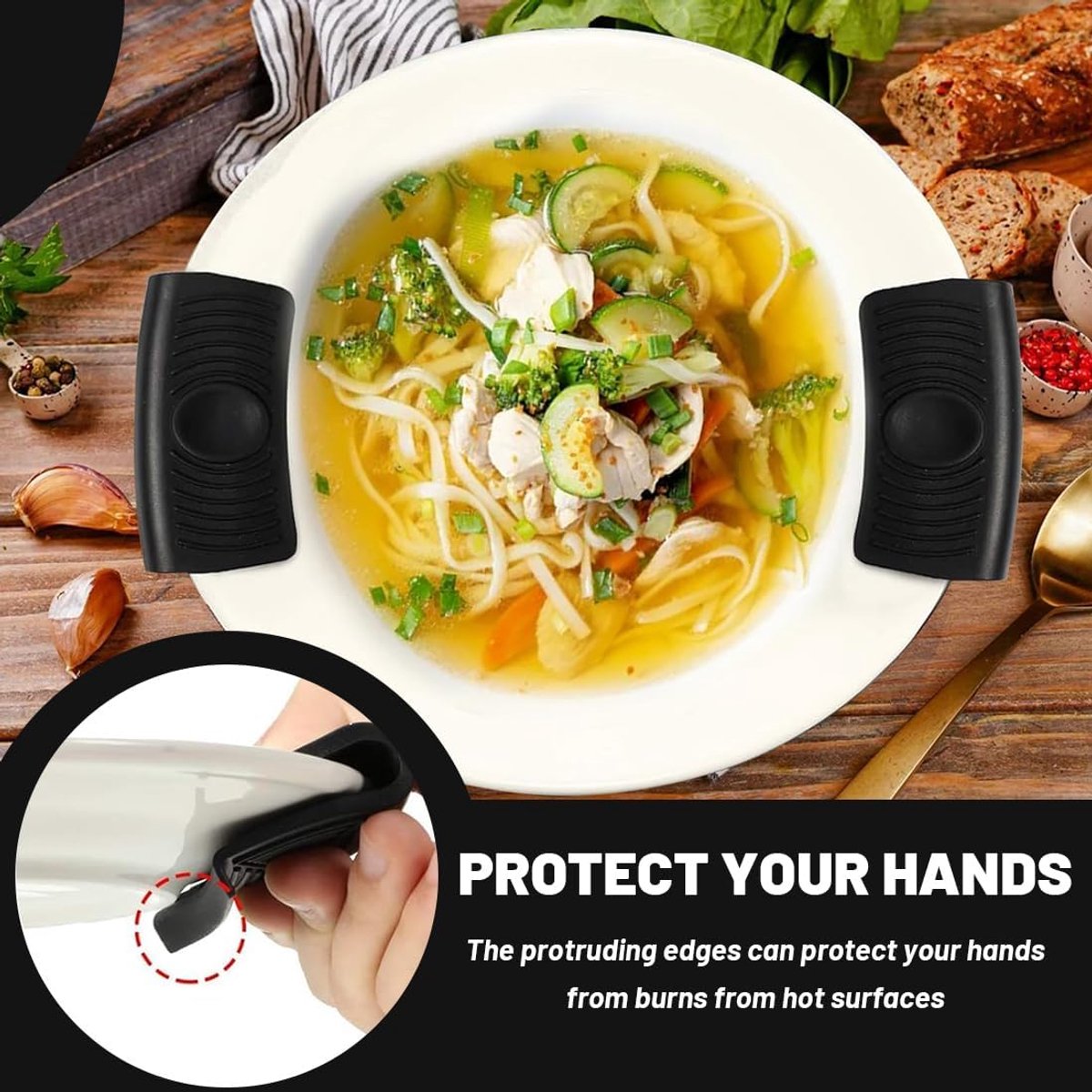 SnelShoppen - 6x Silicone Potholders en Oven Mitts, Hittebestendige Silicone Handgrepen voor Keuken, Zwart, Ideaal voor Koken en Bakken