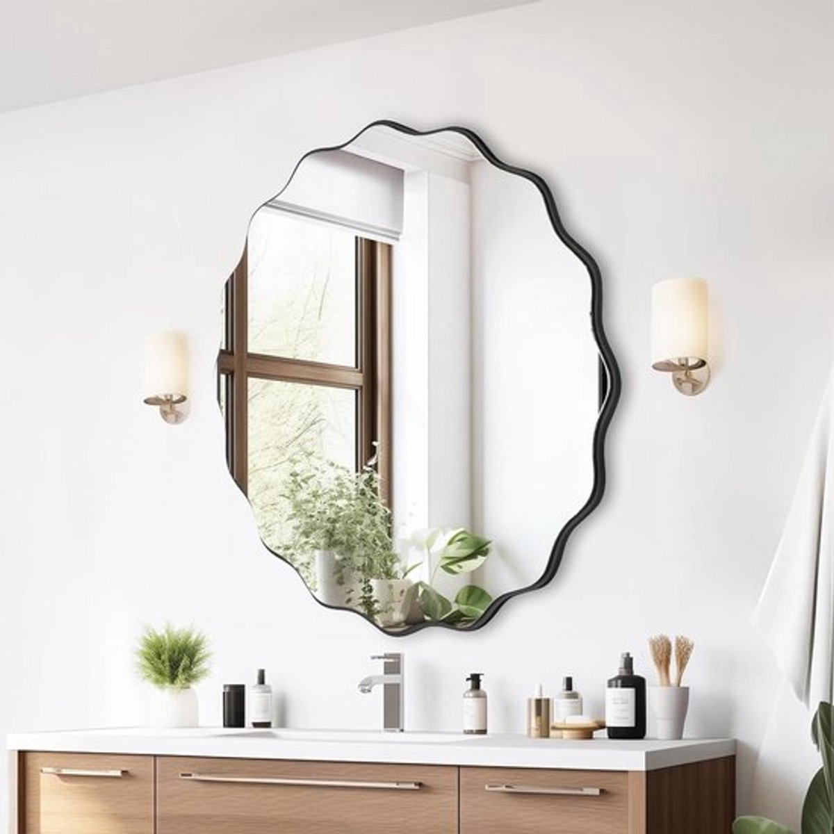 Wandspiegel met onregelmatige golven, diameter 50 cm, modern industrieel design voor badkamer, wastafel, woonkamer en slaapkamer in zwart kleur.