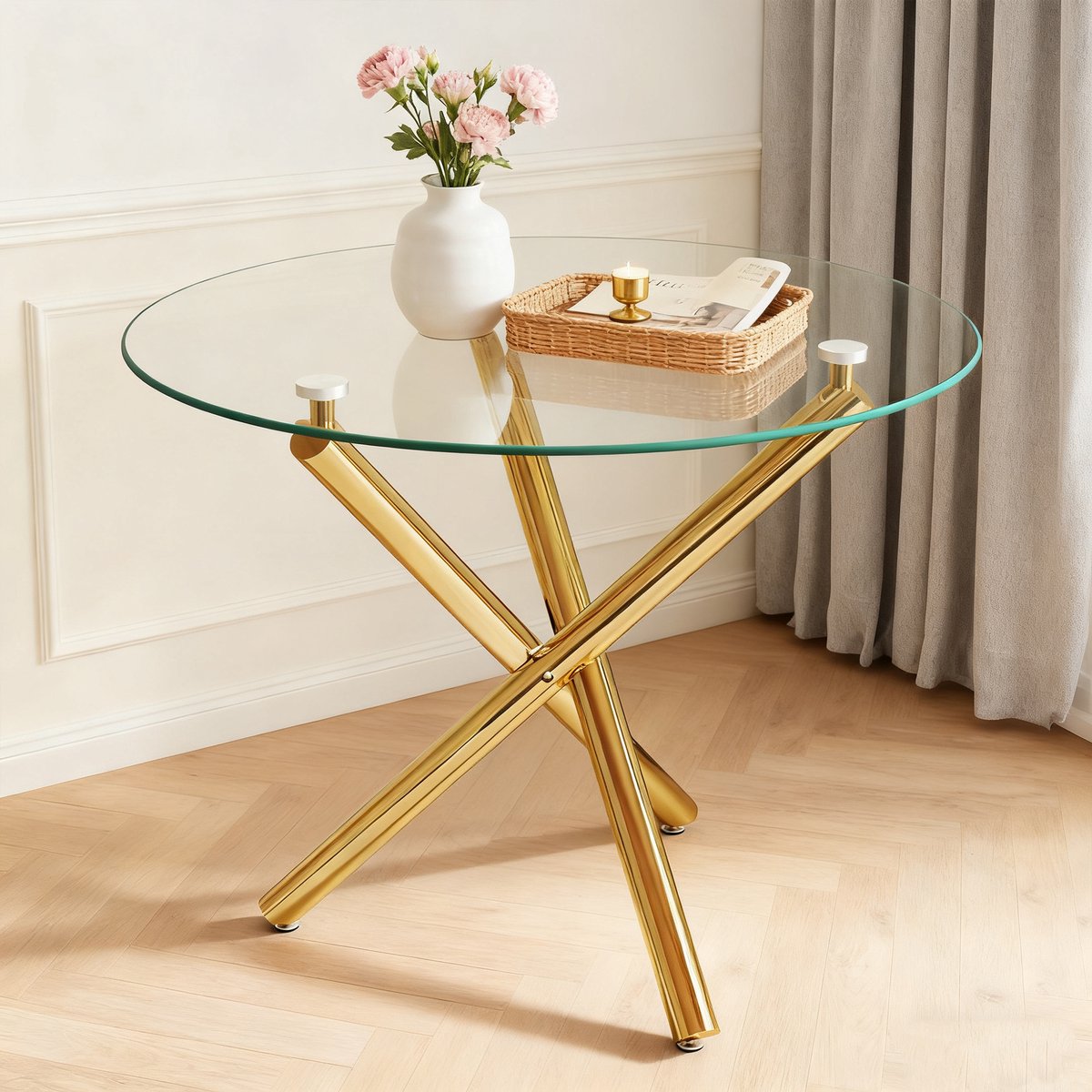 COVREO Eettafel 80x80x76 cm – transparant glas, goudkleurig metalen onderstel, rond