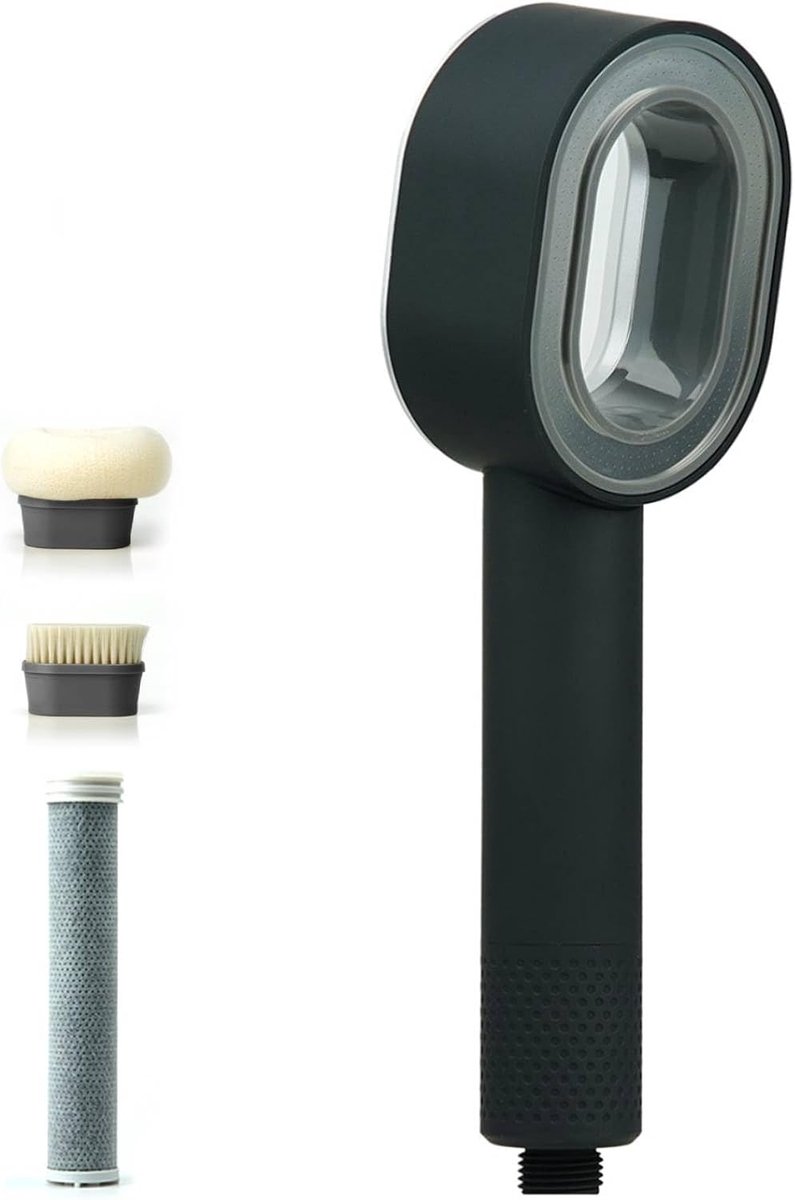 SnelShoppen - Handdouche met Filter, 3-in-1 Douchekop met Magnetische Borstels, Massagefunctie, Hoge Druk en Waterbesparend, Zwart - Perfect voor Badk