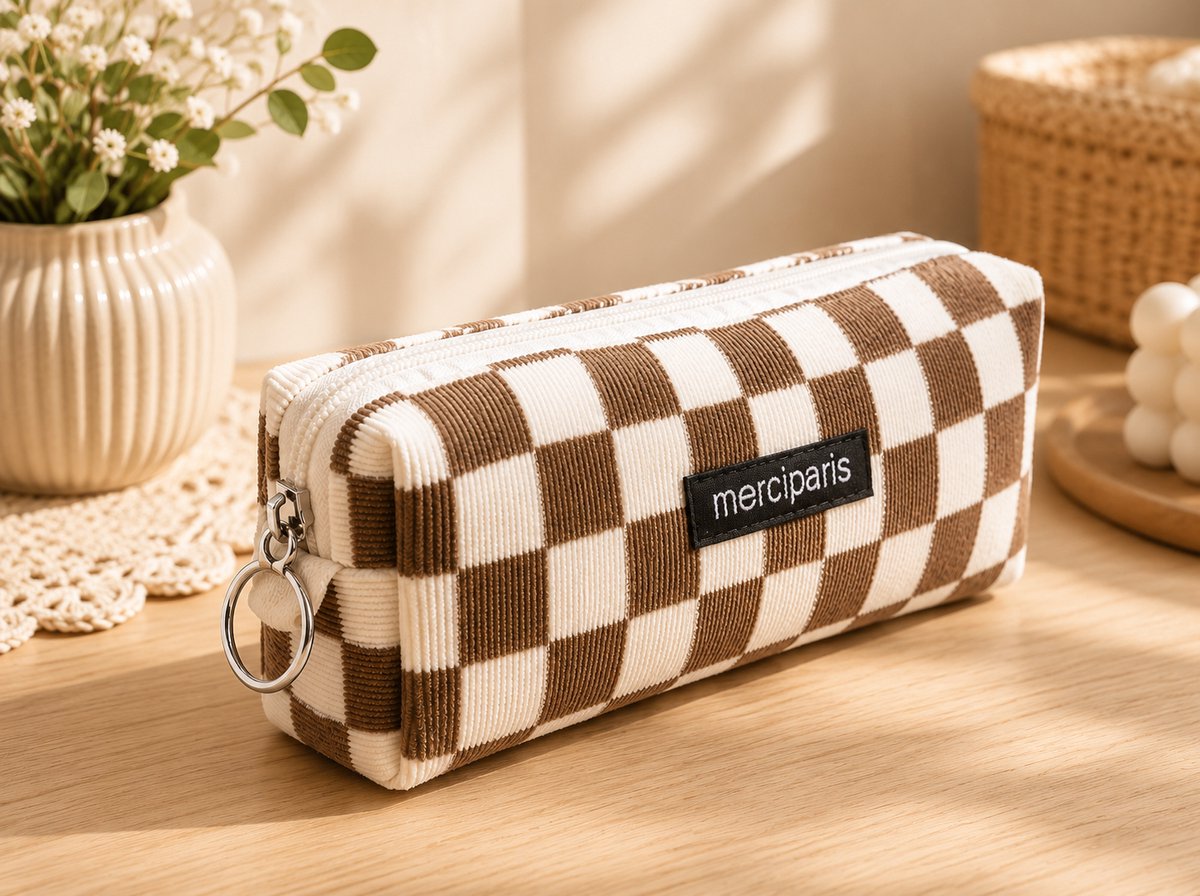 Corduroy Etui - Grote Capaciteit - Lichtbruine Ruit - Geschikt voor School en Kantoor