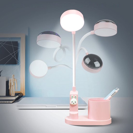 Kinderbureaulamp - LED-leeslamp - Met pennenhouder en projectorfunctie - USB-oplaadbaar - Oogvriendelijke bureaulamp voor kinderen - ABS-materiaal - Nachtlampje voor naast het bed - Roze — afbeelding 4