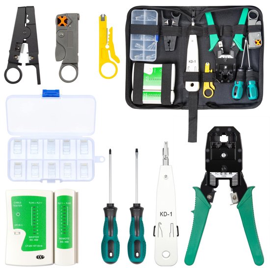 Ensemble complet d'outils réseau, incluant pinces, testeurs, tournevis et connecteurs, dans une mallette roulée.