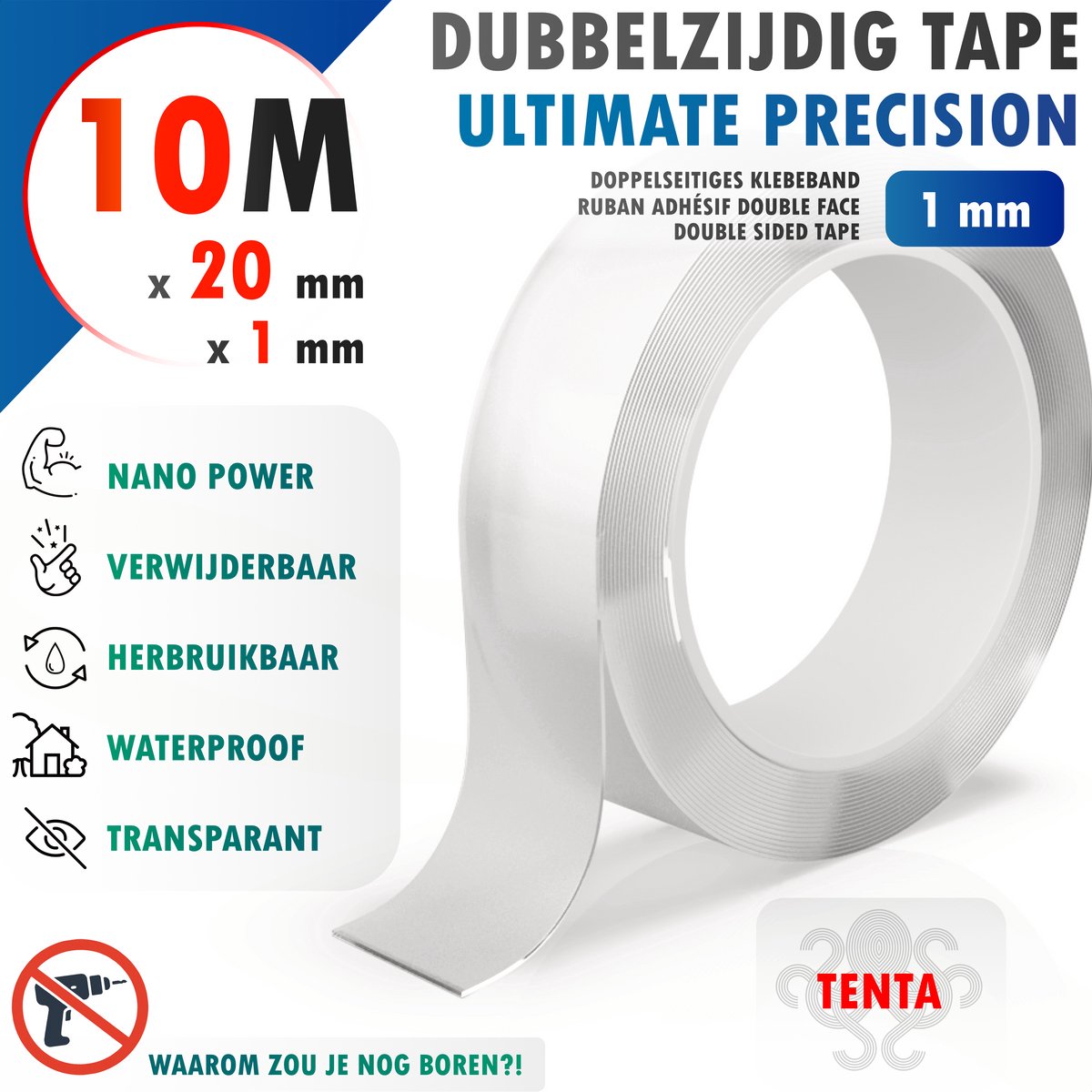 Dubbelzijdig Tape Extra Sterk 10m x 20mm x 1mm - TENTA Ultimate Precision