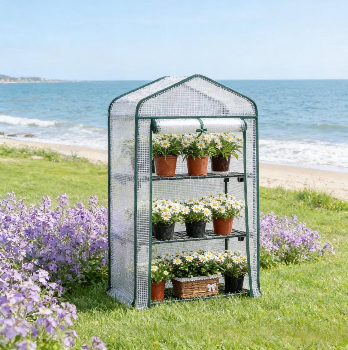 MIVRAY Kweekkas – 69 x 49 x 125 cm – Met Oproldeur en 3 Niveaus – Metaal en Polyetheen – Wit – voor Balkon, Terras en Tuin