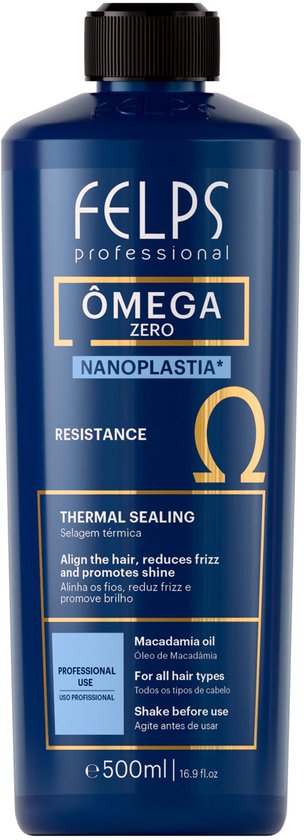 Bouteille bleu foncé avec un bouchon noir. L'étiquette porte le texte 'FELPS PROFESSIONAL', 'OMEGA ZERO NANOPLASTIA RESISTANCE'.