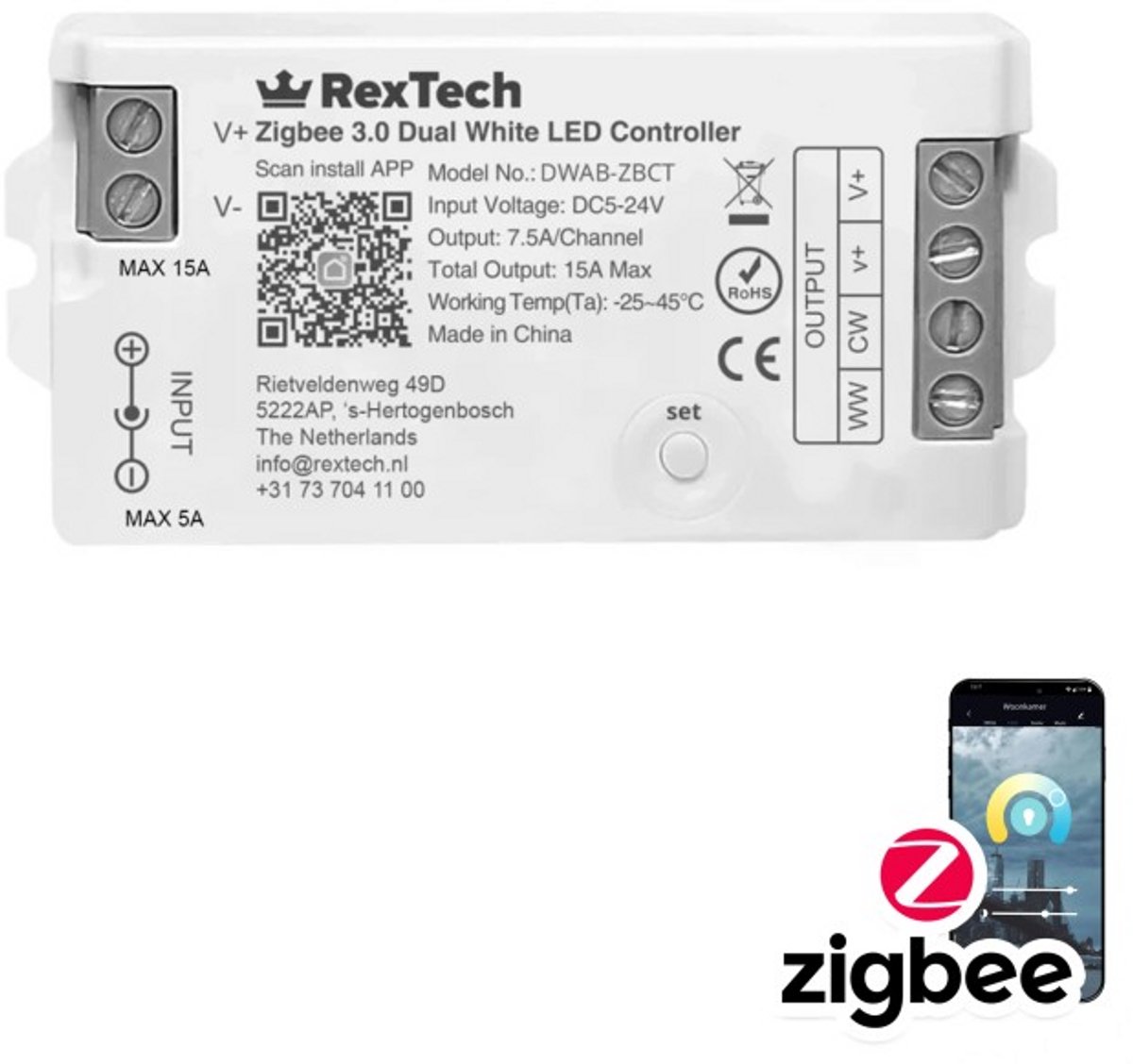Losse Zigbee controller voor Dual White led strips - Werkt met de bekende verlichting apps