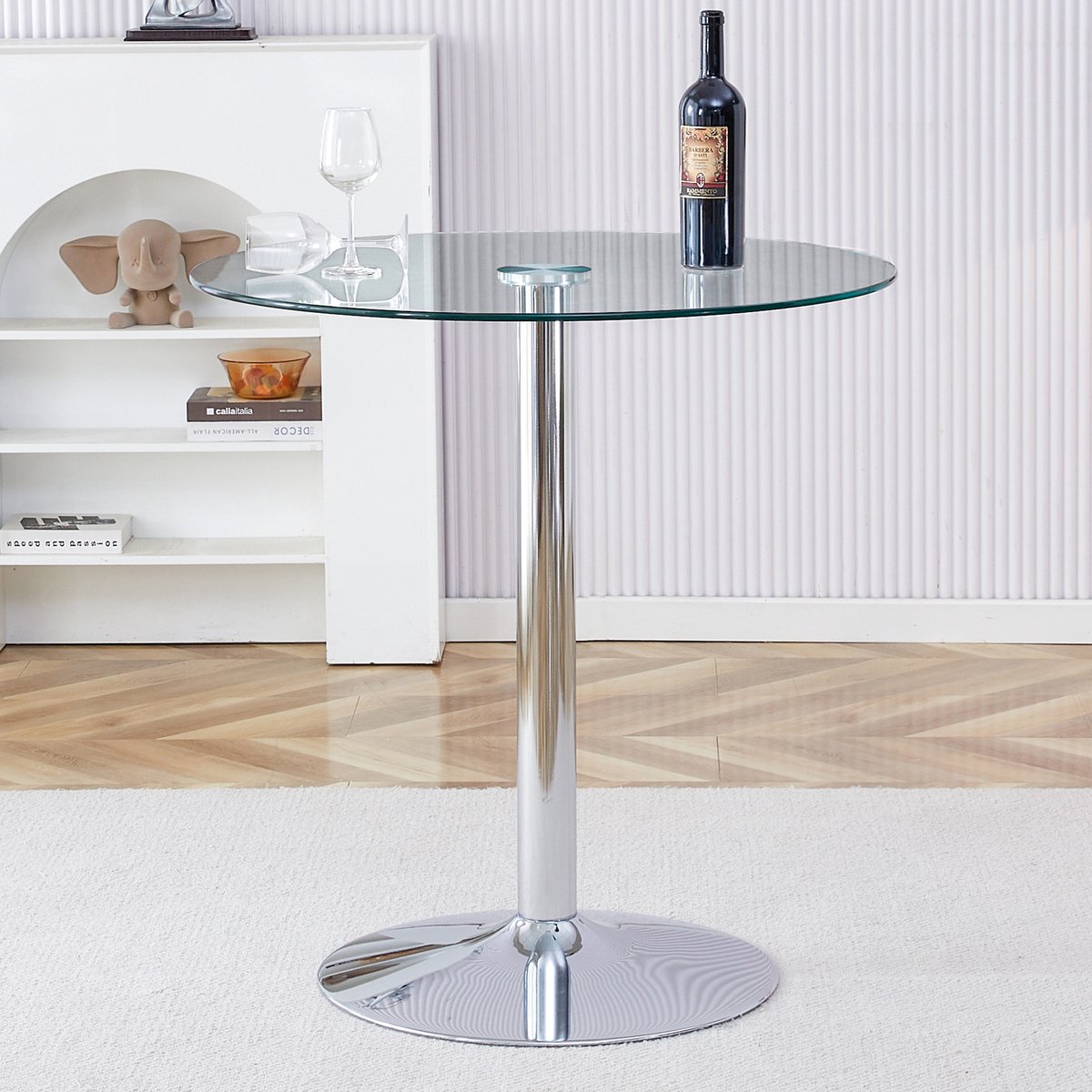 COVREO Bartafel 89x89x92 cm – transparant glazen blad, zilveren metalen voet