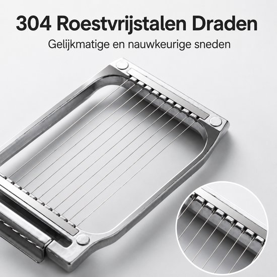 Close-up van zilveren 304 roestvrijstalen snijdraden van een eiersnijder.