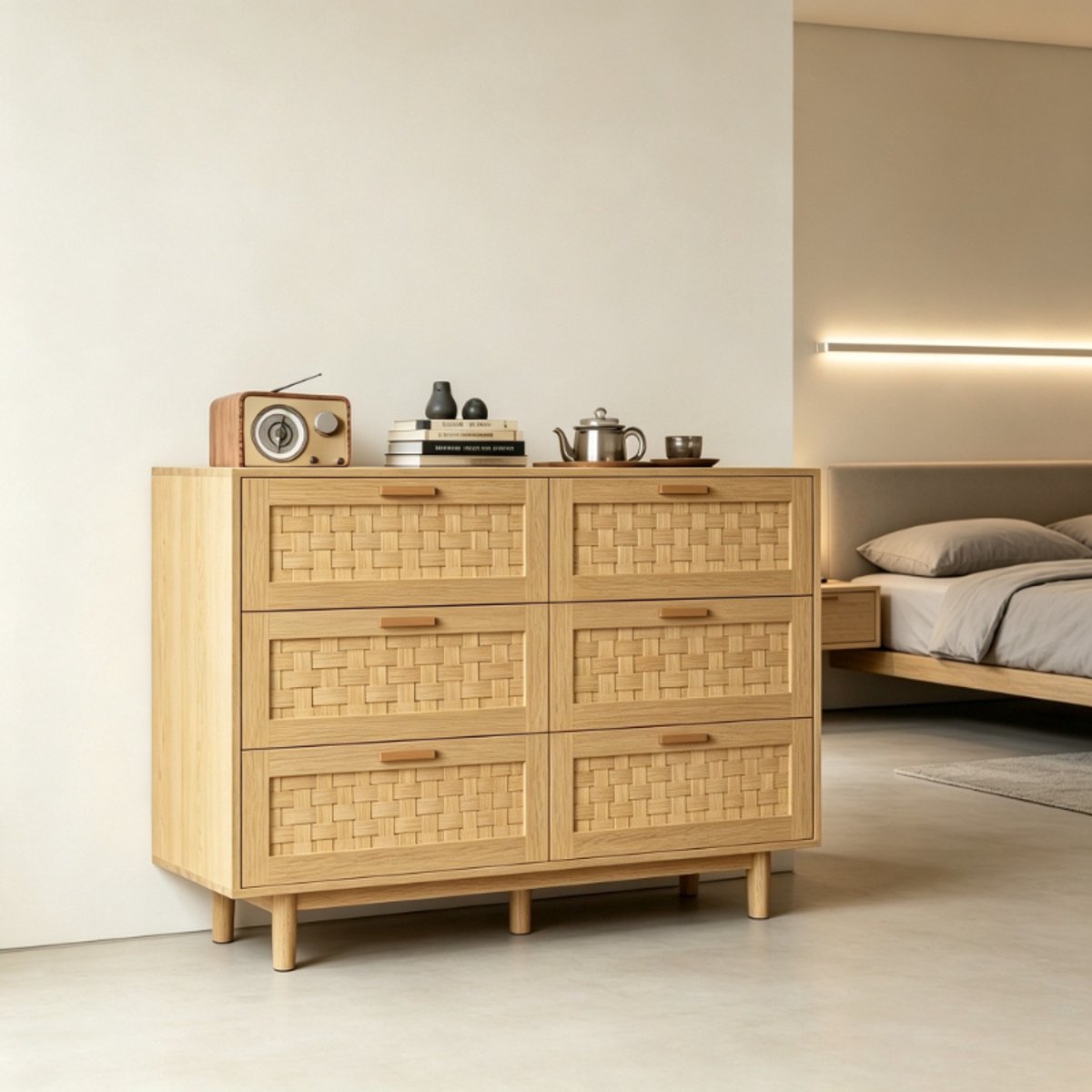 ROSAHQNDA Ladekast 115x40x80 cm met 6 lades, opbergkast met houten frame en gevlochten bamboe panelen, dressoir in eiken kleur voor woonkamer Eikenlook