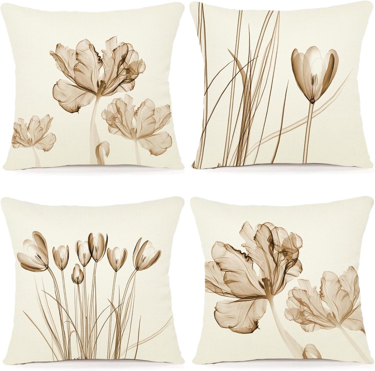 SnelShoppen - Set van 4 ZWJD Bloemen Kussenhoezen - 50x50 cm - Linnen Kussenhoezen met Waterverf Patroon - Decoratief voor Woonkamer en Tuin