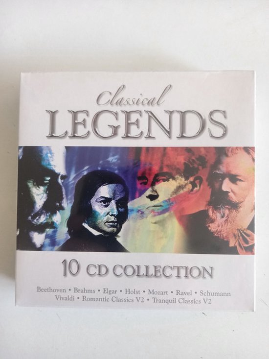 Box met 10 klassieke muziek cd's, getiteld 'Classical Legends'. Kleurrijk artwork met portretten van componisten.