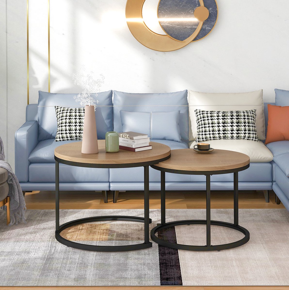 COVREO Salontafel set van 2 rond 70,5 x 50 cm eikenlook MDF met metalen frame