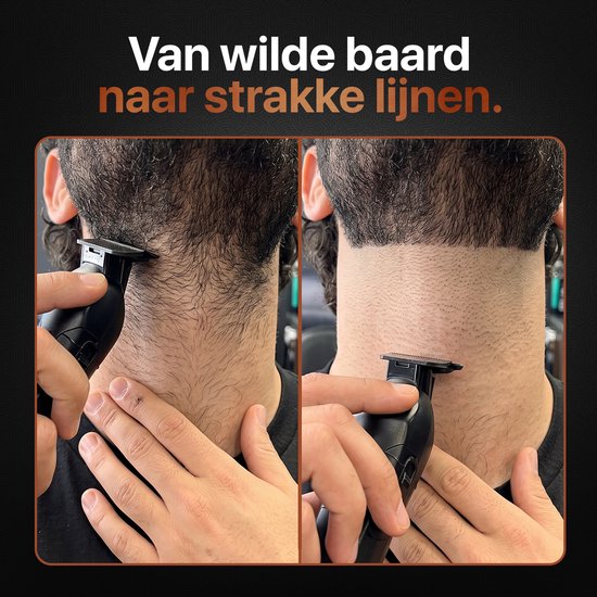 Voor en na foto's van een nek getrimd met de trimmer, van wild naar strak.
