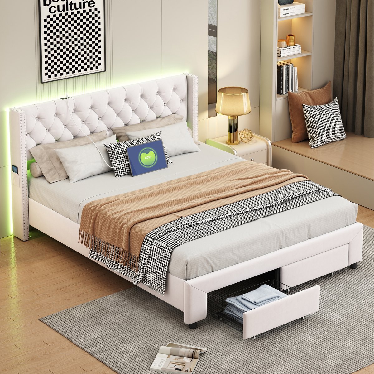 Bed 160x200 Beige Velvet – met LED, USB & 2 Lades