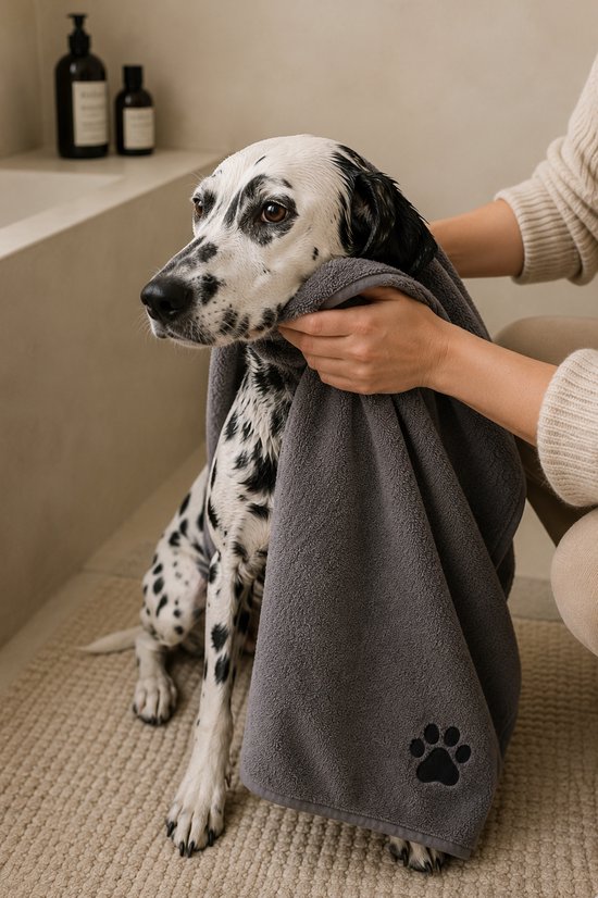 Een persoon droogt een natte Dalmatiër met een grijze microvezel handdoek met pootafdruk.
