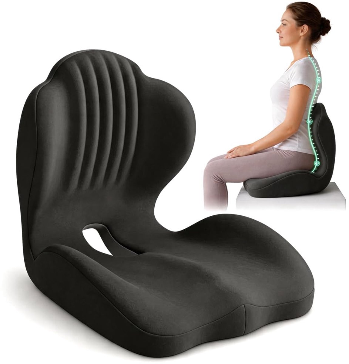 Ergonomisch Zitkussen - Zitkussen Orthopedisch - Tegen Rugpijn & Stuitpijn - Rugsteunen - Traagschuim - Beter zitten - Geschikt voor Kantoor, Auto en Thuis - Zwart