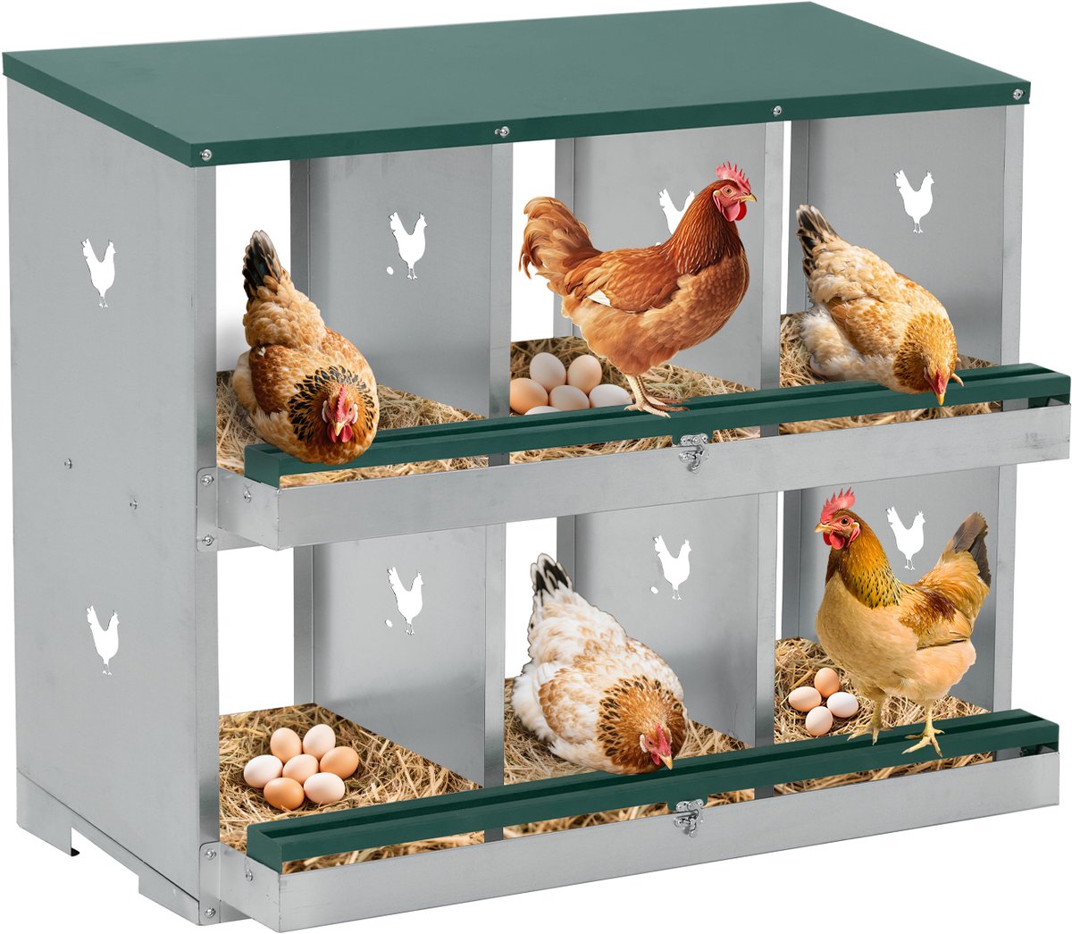 Automatisch uitrollend legnest voor kippen en eenden, robuuste metalen constructie, geventileerd en eenvoudig schoon te maken met eierverzamelblad, tweelaags model met 6 ruime compartimenten